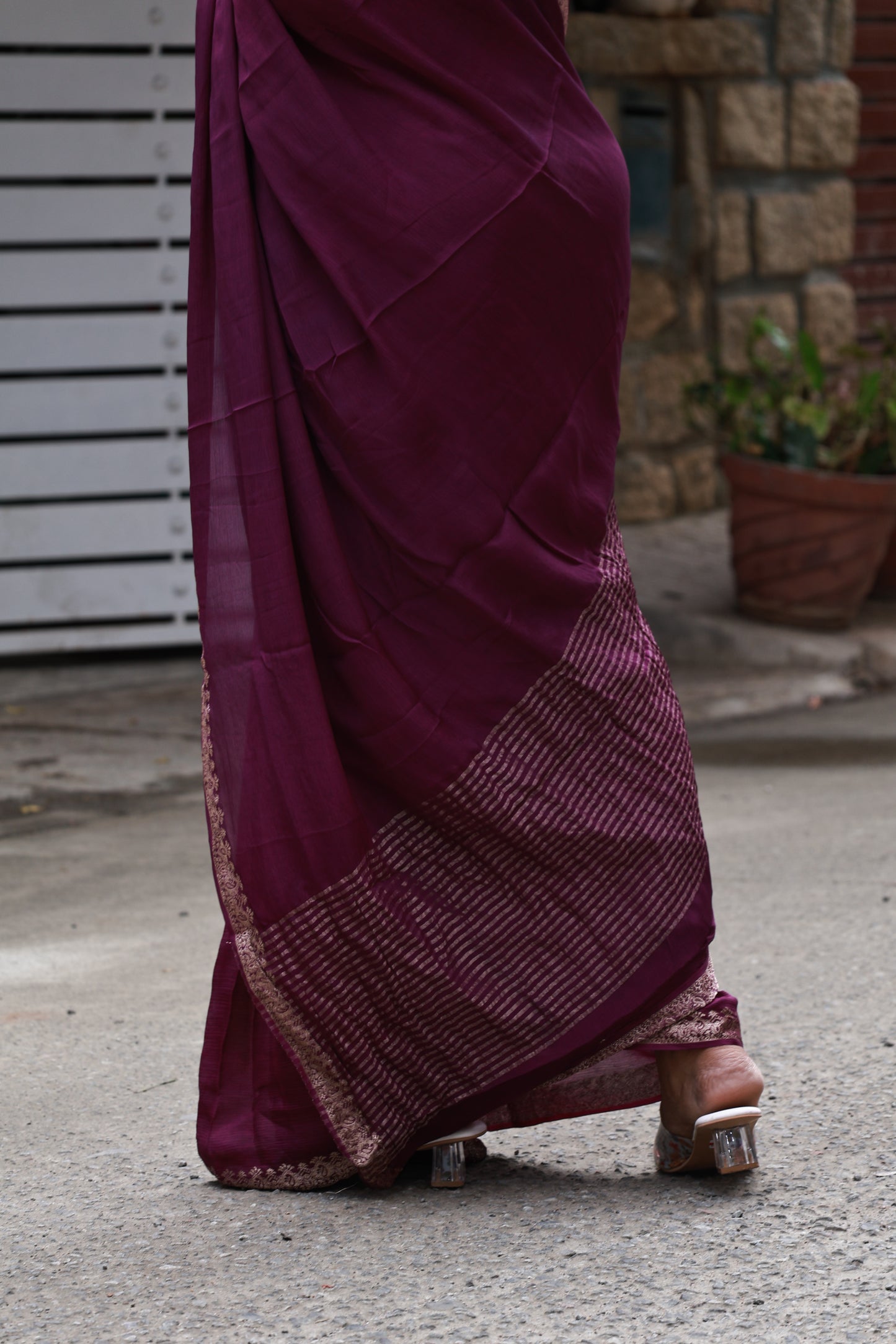 PLUM PURE WRINKLE CREPE CHIFFON SAREE
