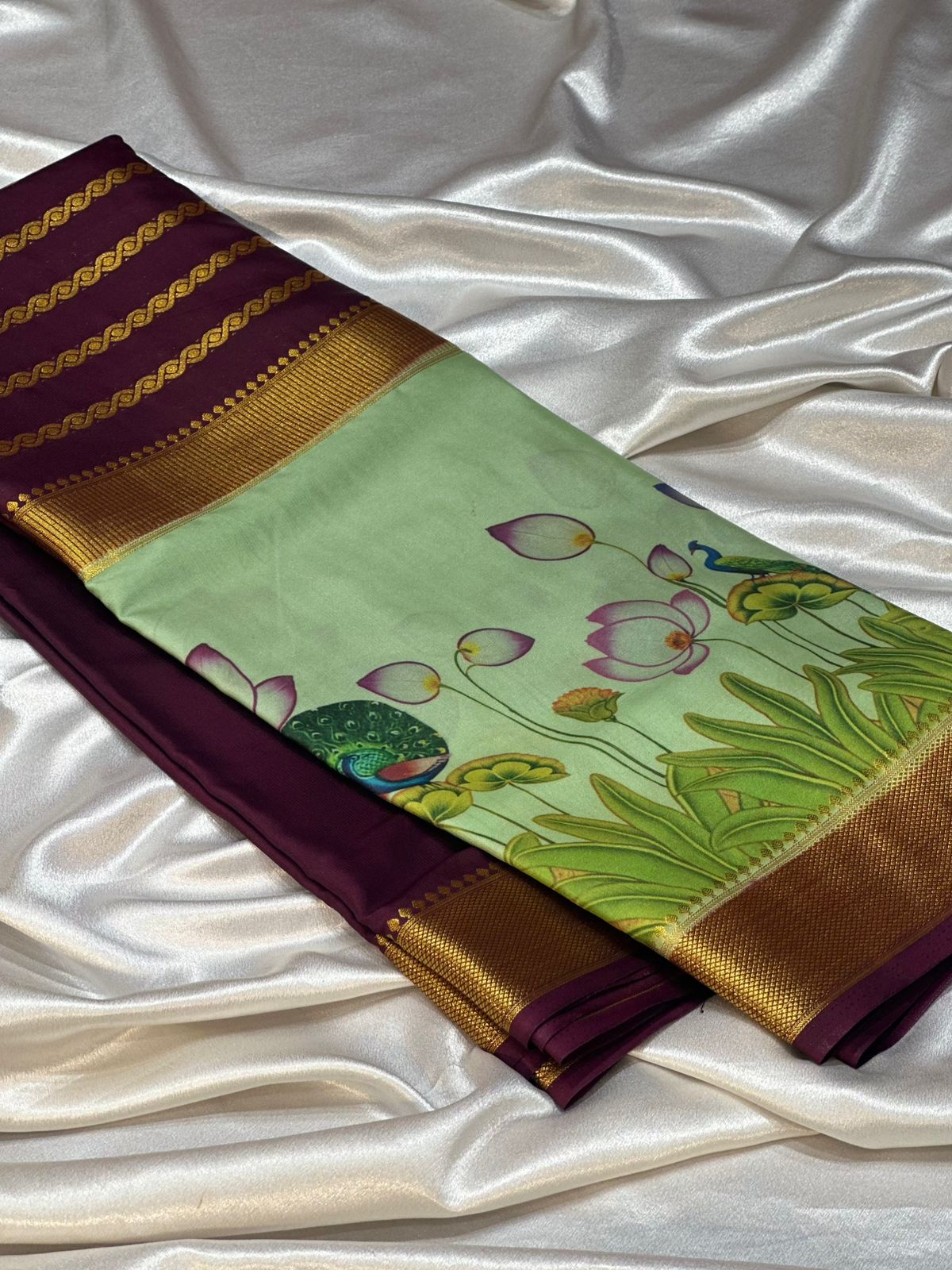 MAROON GREEN SEMI MYSORE CREPE SILK SAREE