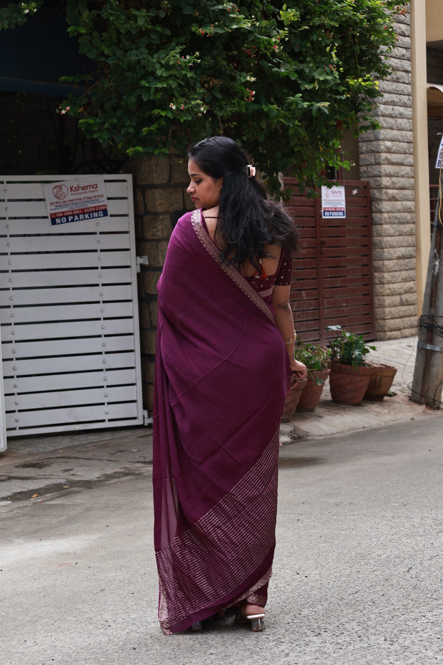 PLUM PURE WRINKLE CREPE CHIFFON SAREE