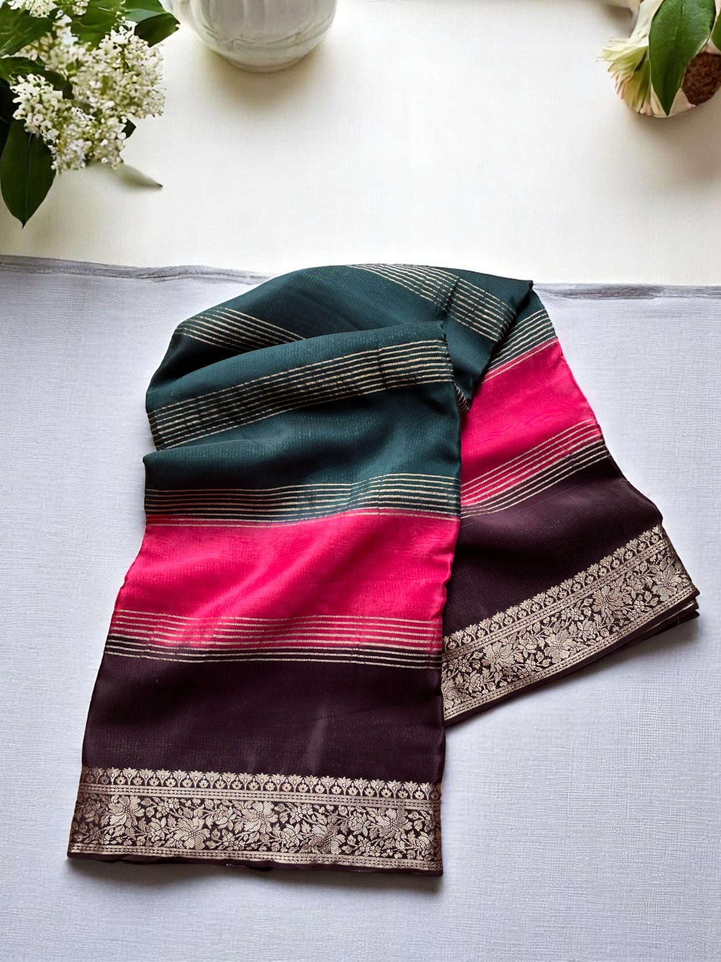 PINK AND GREEN BLUE 3D PREMIUM CREPE SILK SAREE