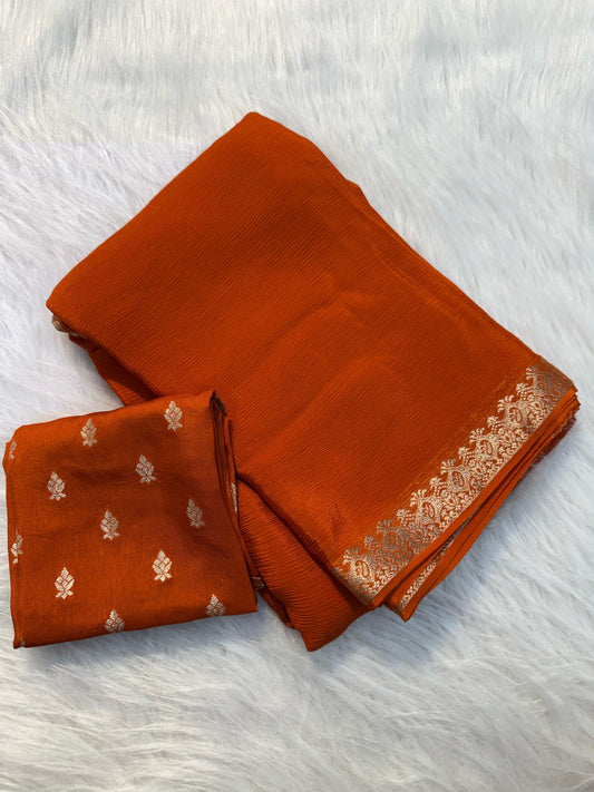 RUSTY ORANGE PURE WRINKLE CREPE CHIFFON SAREE
