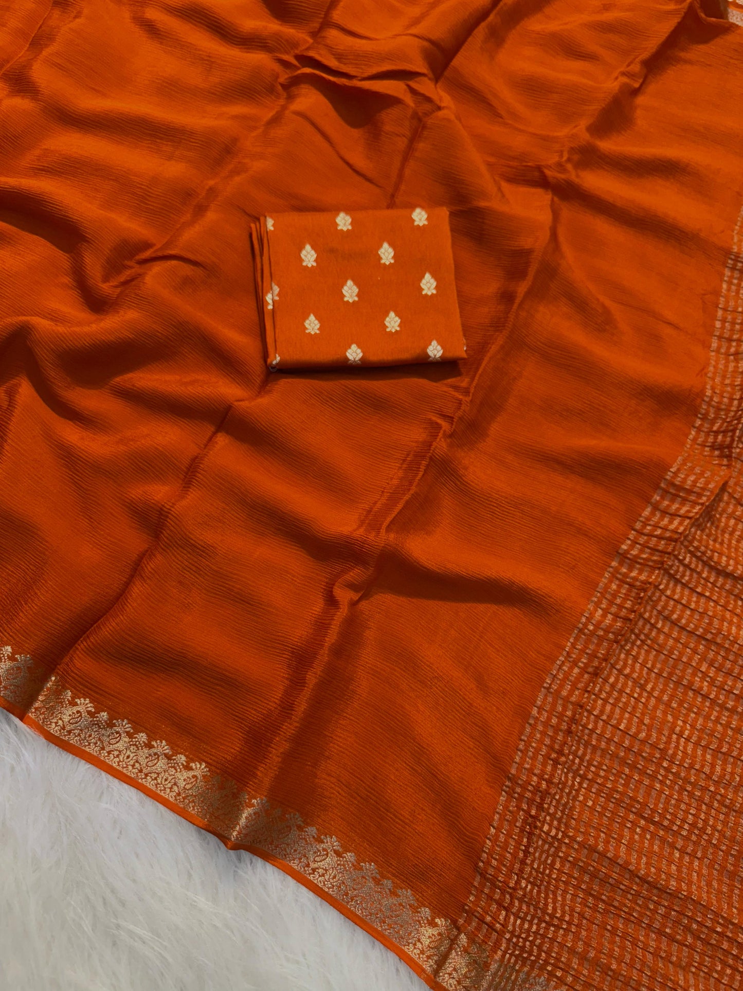 RUSTY ORANGE PURE WRINKLE CREPE CHIFFON SAREE