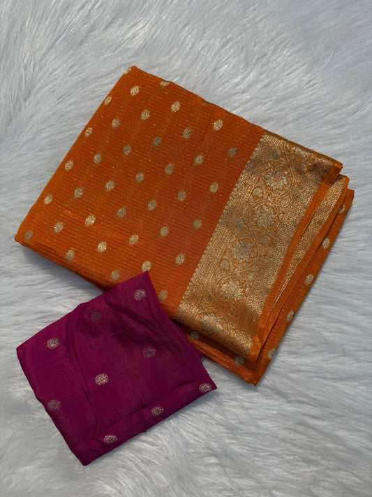 ORANGE PINK PURE CHINNON BUTTA SAREE