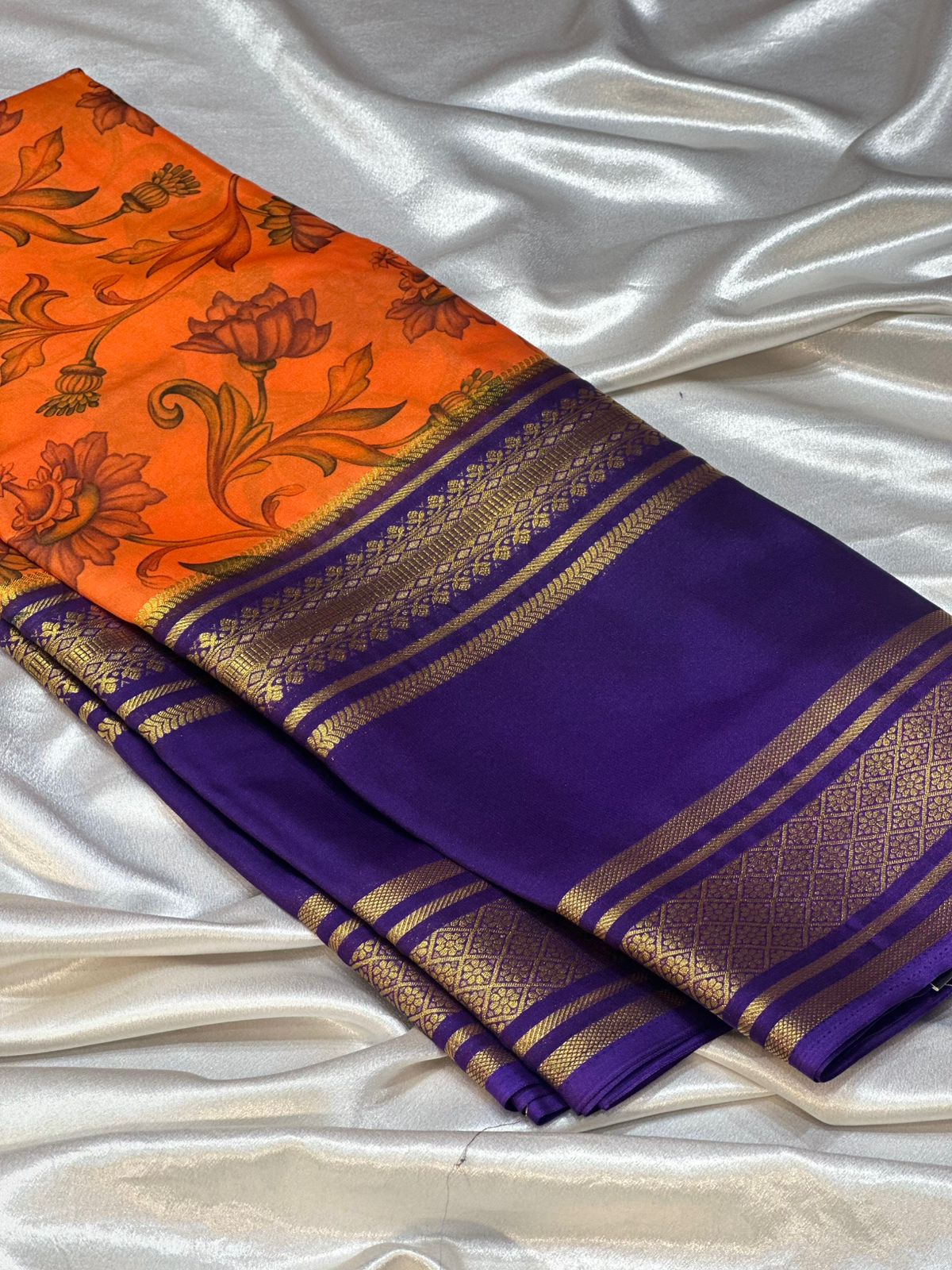 ORANGE PURPLE SEMI MYSORE CREPE SILK SAREE