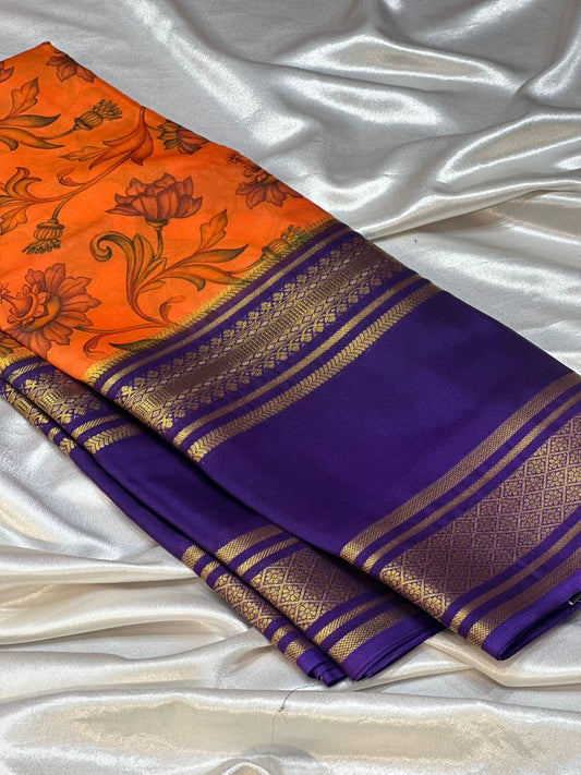ORANGE PURPLE SEMI MYSORE CREPE SILK SAREE