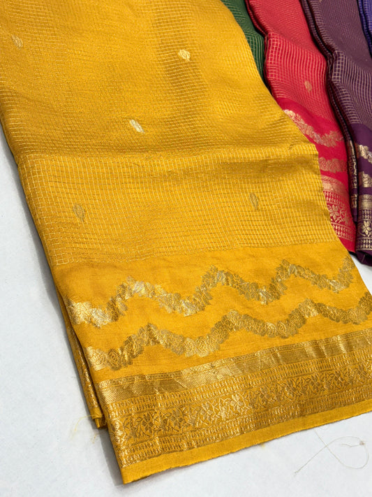MUSTARD YELLOW LEHERIYA TEMPLE PURE DOLA SILK SAREE
