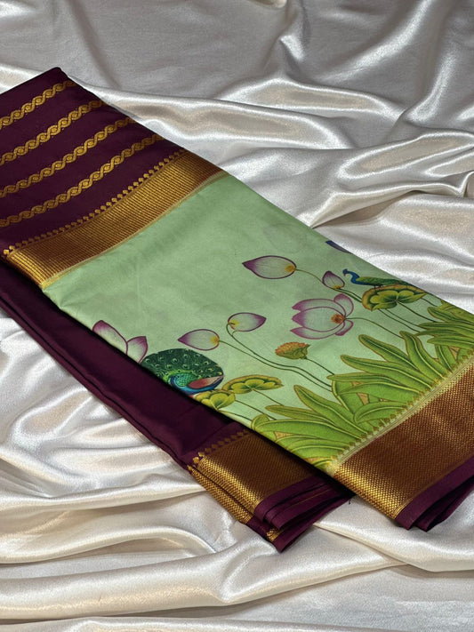 MAROON GREEN SEMI MYSORE CREPE SILK SAREE