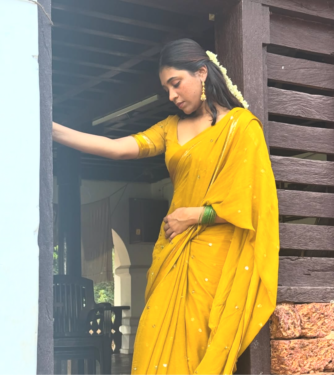 MUSTURD YELLOW VISCOSE GEORGETTE SAREE- PRE ORDER