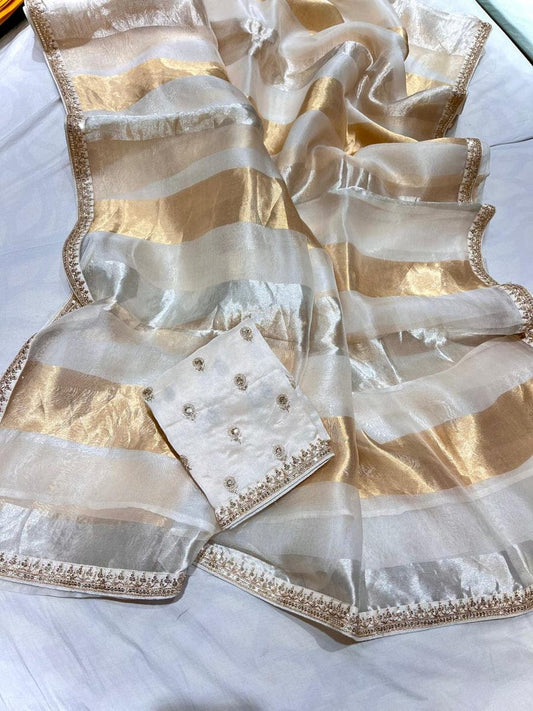 IVORY DESIGNER PURE TISSUE BANARASI SILK SAREE