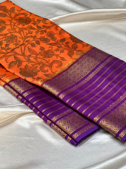 Orange mysore silk saree, semi mysore silk saree