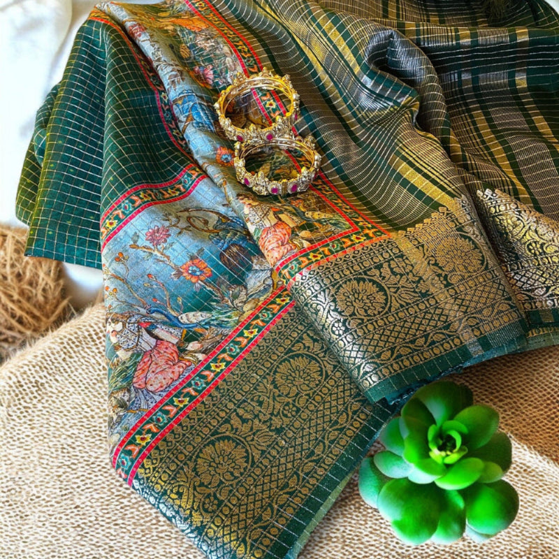 Bottle Green, Soft crepe silk, Printed dola silk