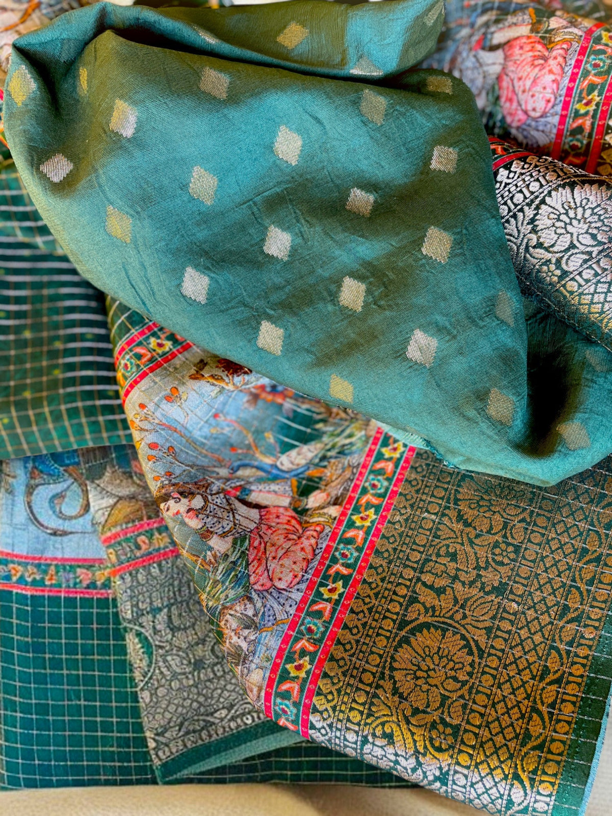 Bottle Green, Soft crepe silk, Printed dola silk