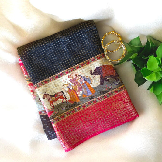 Black and Pink silk saree, black silk saree, Pink banarasi silk, Soft crepe silk, Printed dola silk