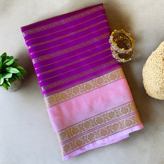 Semi Chiniya silk, Gadwal silk saree, Purple banarasi silk saree
