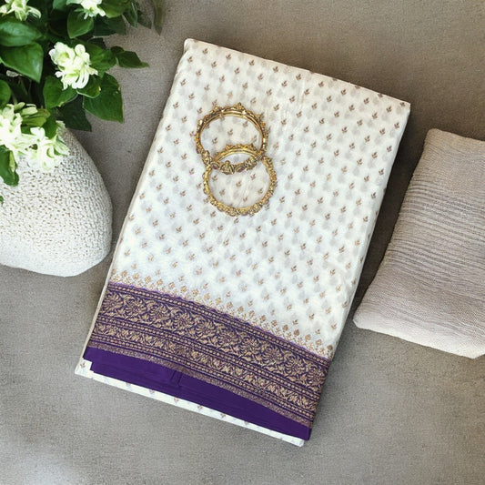 White banarasi silk saree, violet banarasi silk, Pure banarasi silk saree