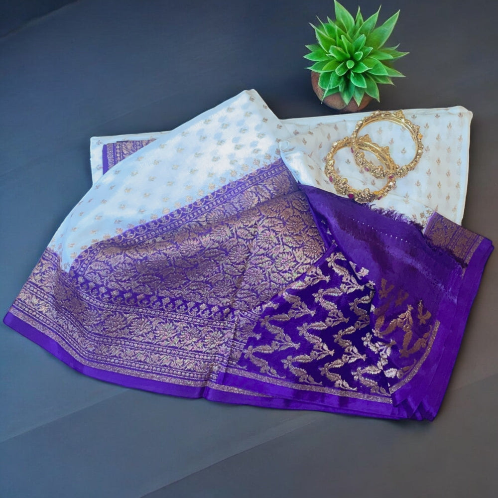 White banarasi silk saree, violet banarasi silk, Pure banarasi silk saree