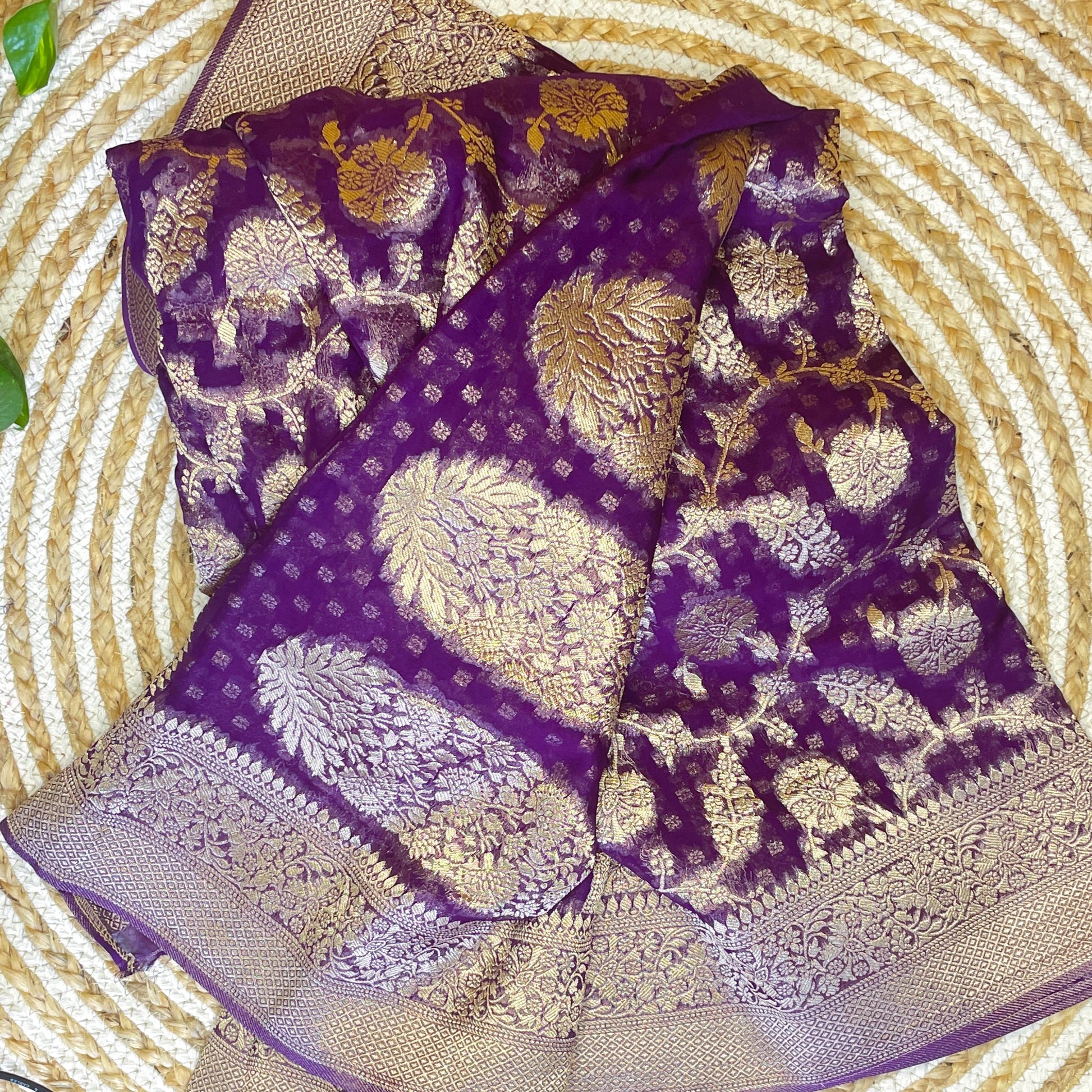 pure silk banarasi, purple banarasi silk saree, Jaal weaving saree