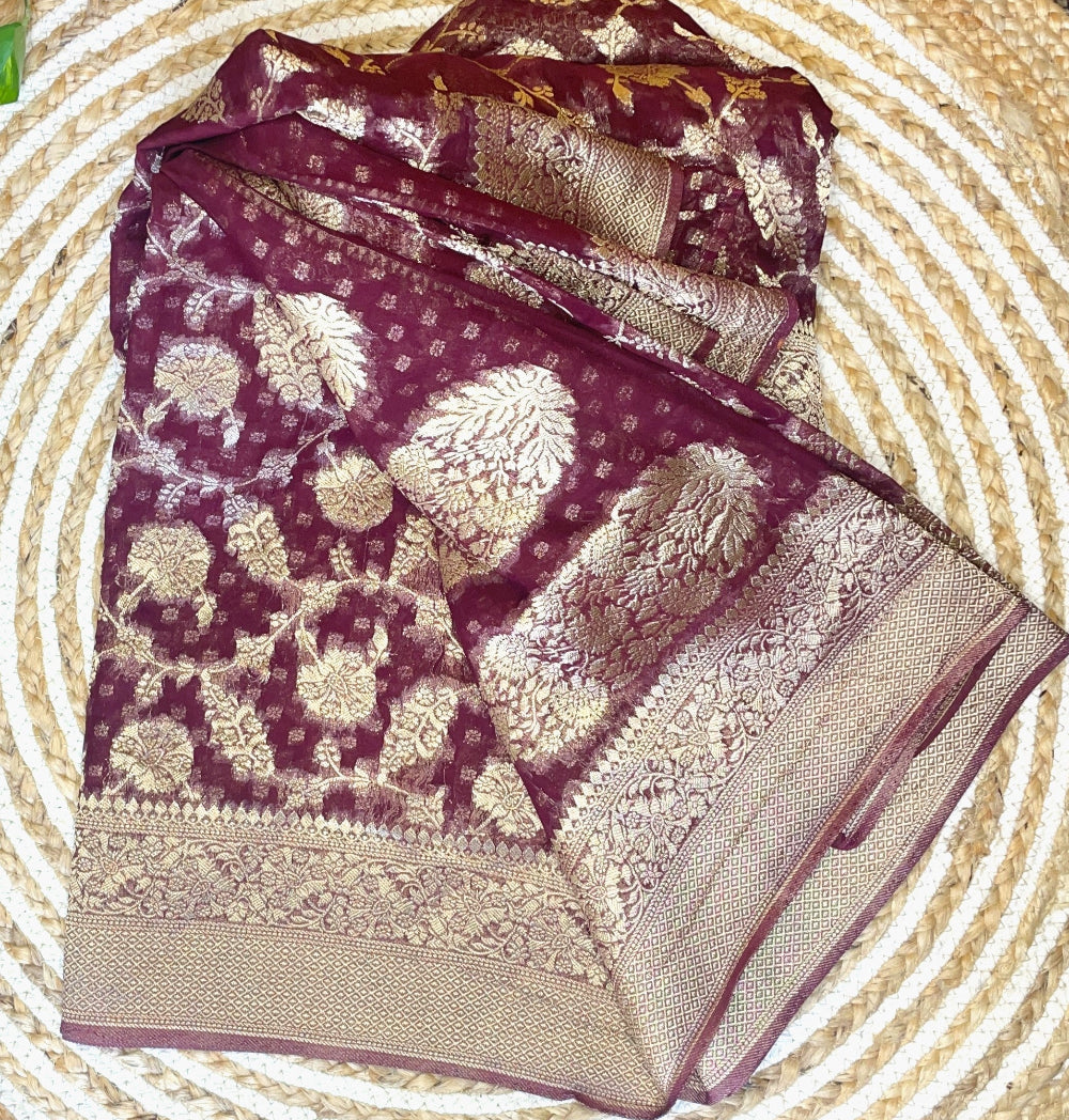 Jaal Banarasi silk saree, Brown silk saree, Pink Benarasi silk saree