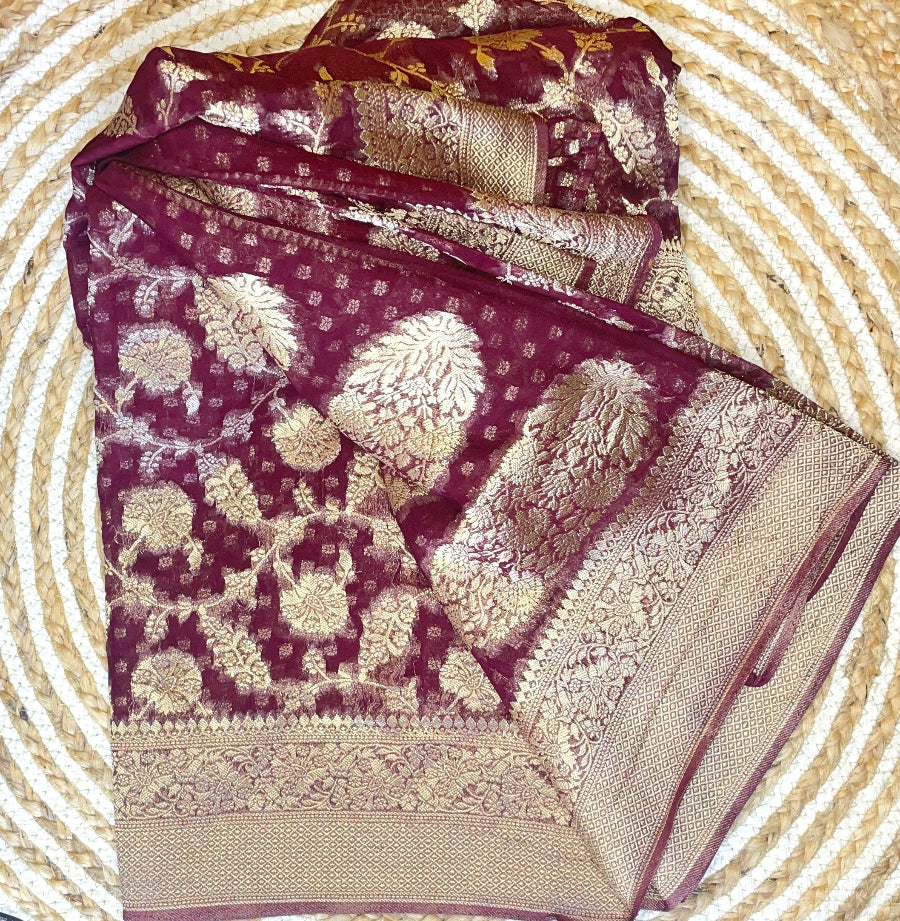 Jaal Banarasi silk saree, Brown silk saree, Pink Benarasi silk saree