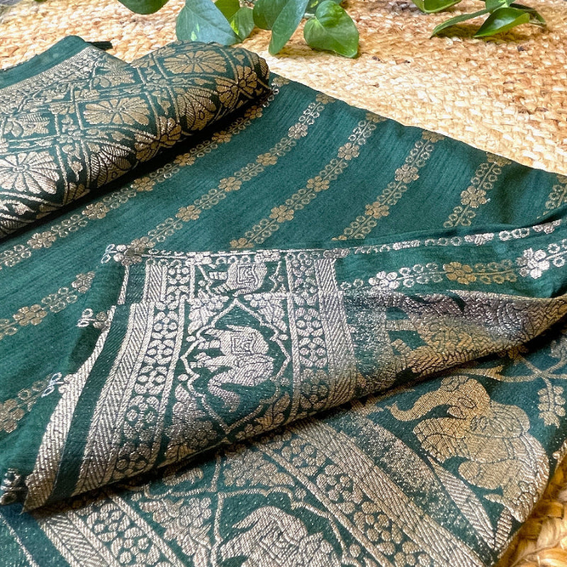 Bottle green banarasi silk saree, shop now and get extra 10% off