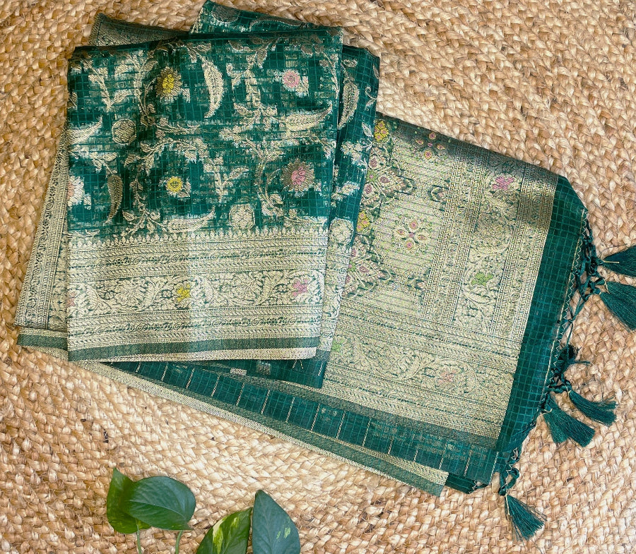 Green banarasi silk, organza saree, Rashmika Pushpa saree