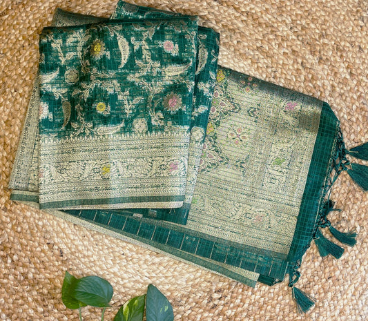 Green banarasi silk, organza saree, Rashmika Pushpa saree