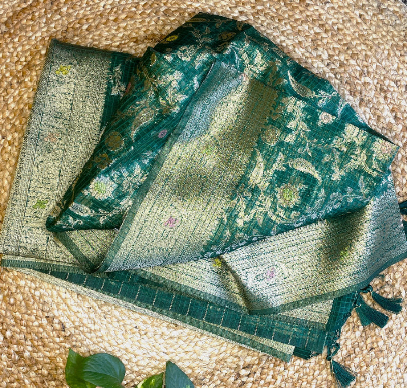 Green banarasi silk, organza saree, Pushpa Rashmika saree