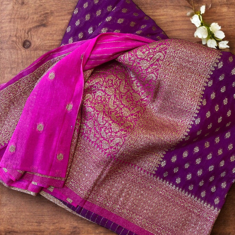 Magenta Pink Chiffon saree, Pink chiffon, Pink banasasi saree
