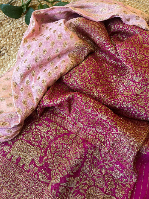 Pink banarasi silk saree, shop now and get extra 10% off