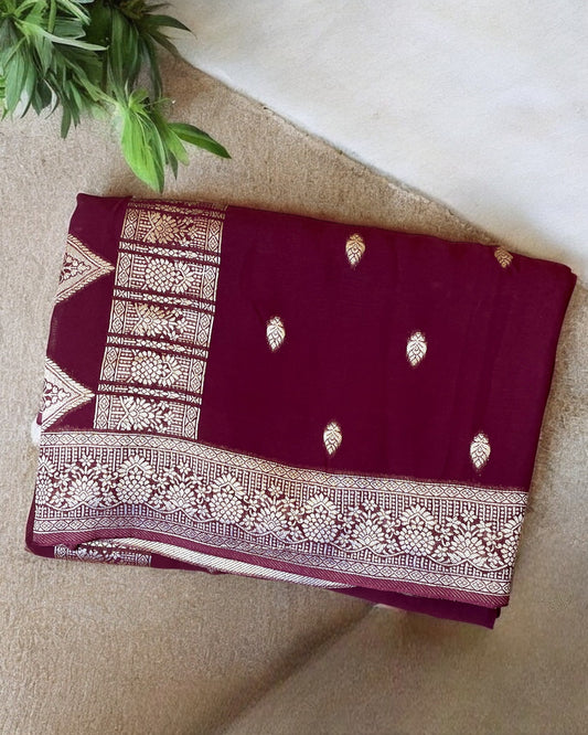 Maroon Khaddi Banarasi saree, Khaddi georgette silk saree, Khaddi banarasi georgette kadwa weaving saree