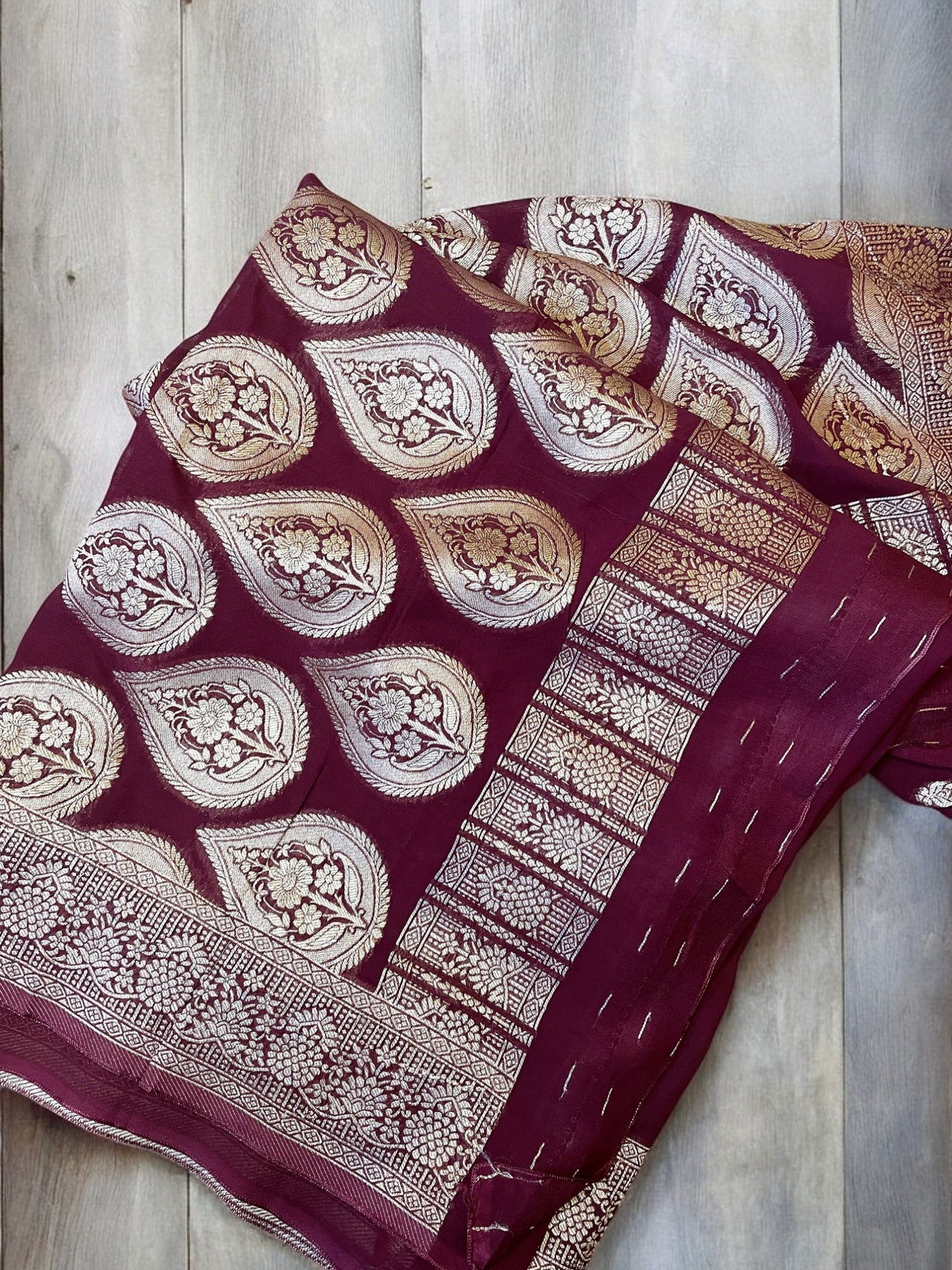 Maroon Khaddi Banarasi saree, Khaddi georgette silk saree, Khaddi banarasi georgette kadwa weaving saree
