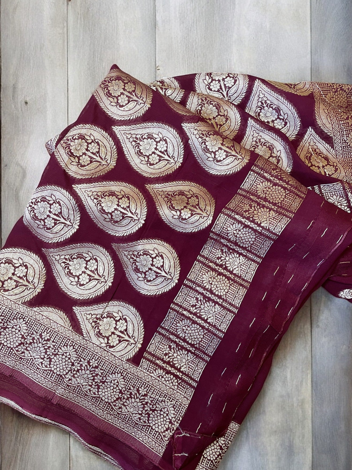 Maroon Khaddi Banarasi saree, Khaddi georgette silk saree, Khaddi banarasi georgette kadwa weaving saree