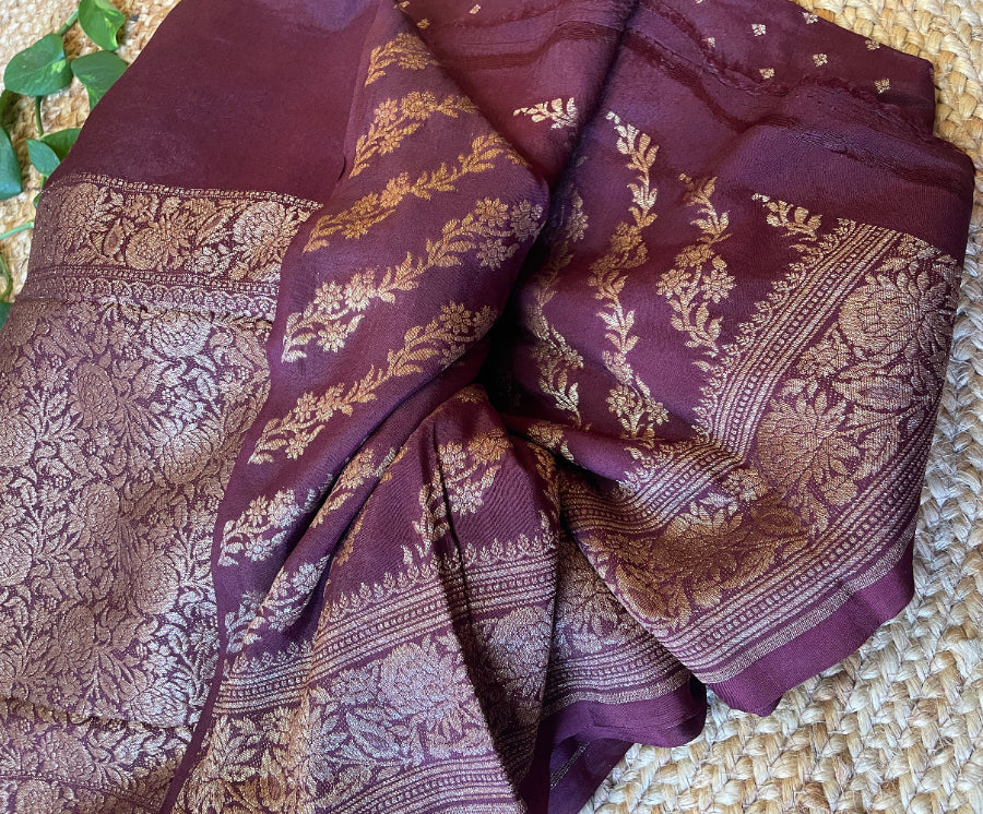 Brown banarasi khaddi georgette saree, Banarasi silk saree, Pink banarasi crepe silk saree