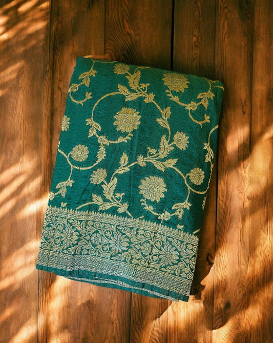 Green Chiffon silk saree, Green jaal banarasi silk saree
