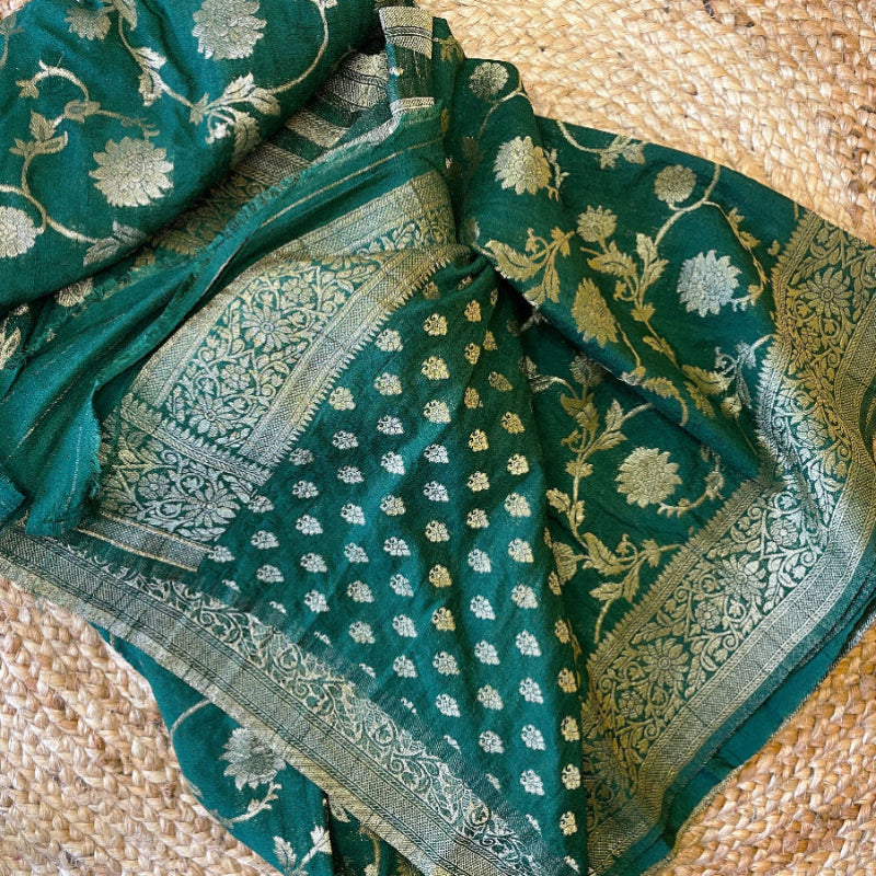 Green Chiffon silk saree, Green jaal banarasi silk saree