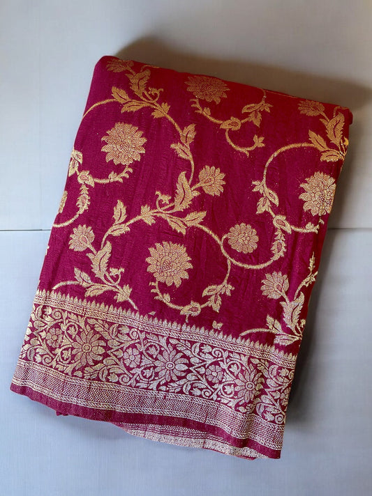 Red Chiffon silk saree, Red  jaal banarasi silk saree