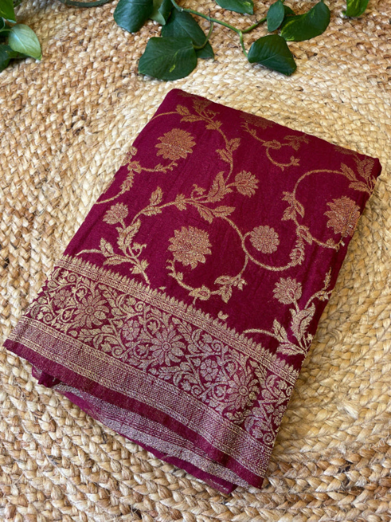 Maroon Chiffon silk saree, Green jaal banarasi silk saree