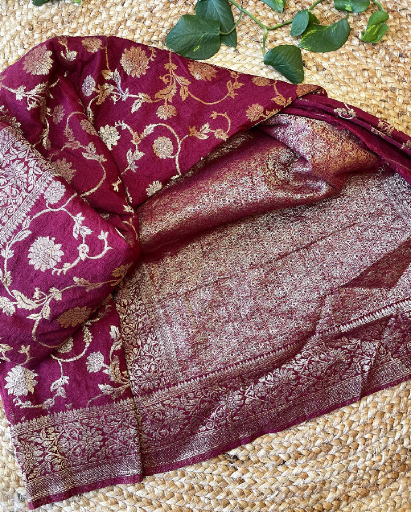 Maroon Chiffon silk saree, Green jaal banarasi silk saree