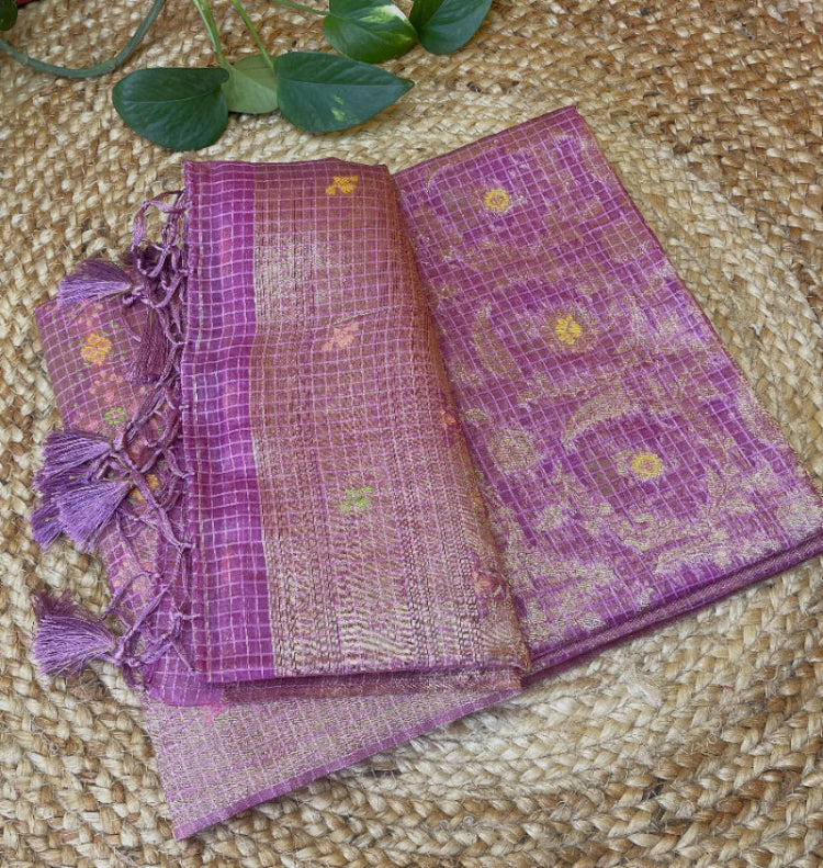 Lavendar banarasi silk, organza saree