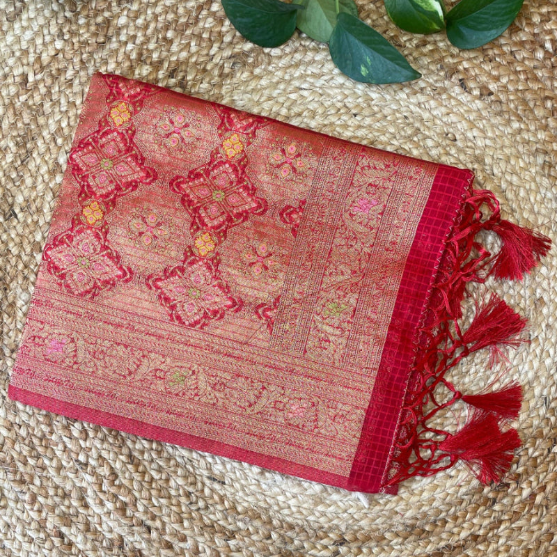 red banarasi silk saree, red organza saree