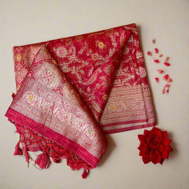red banarsai silk saree, pink organza saree