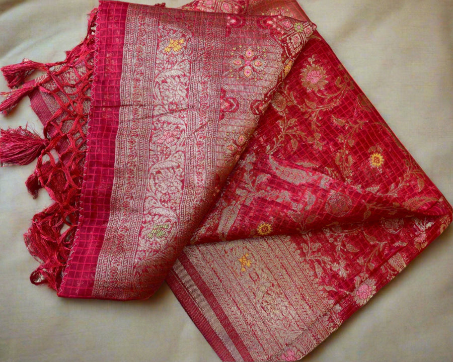 Red organza silk saree