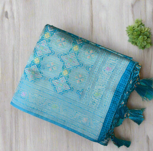 Rama blue banarasi silk, organza saree