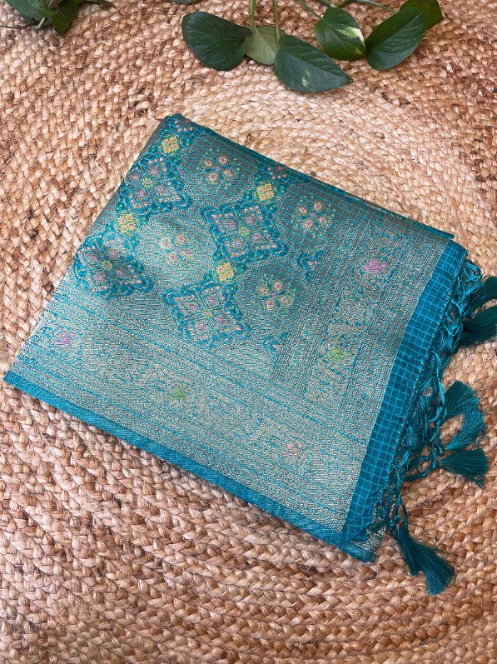 Rama blue banarasi silk, organza saree