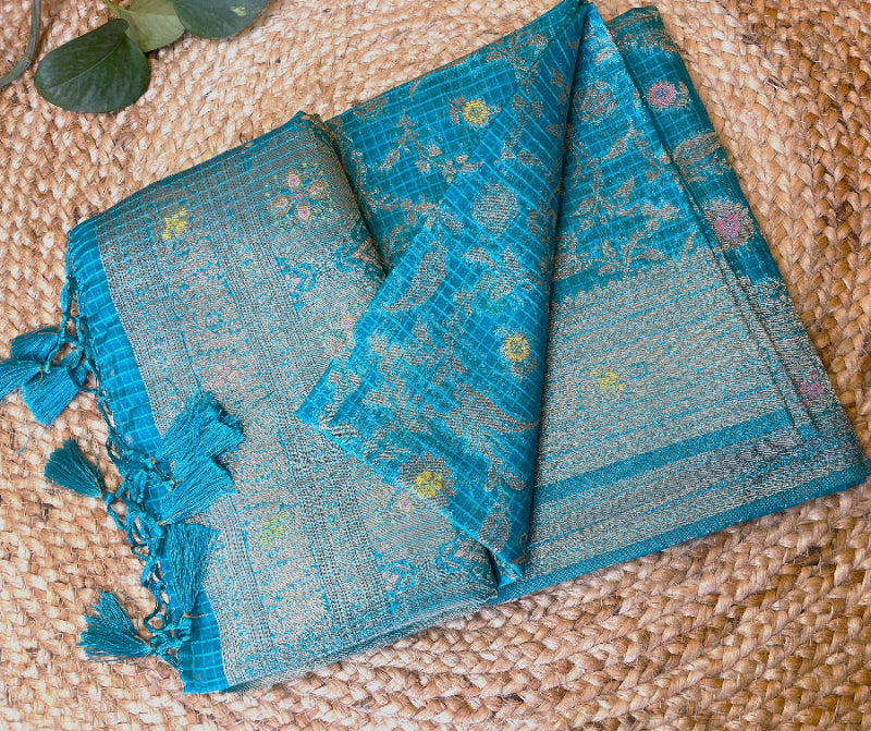 Rama blue banarasi silk, organza saree