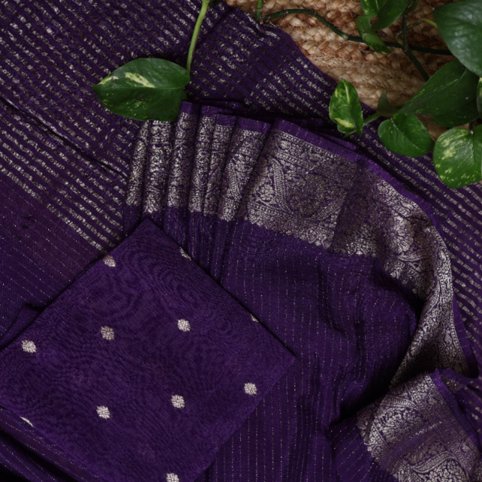 Purple saree with white patterns and a plant in the background