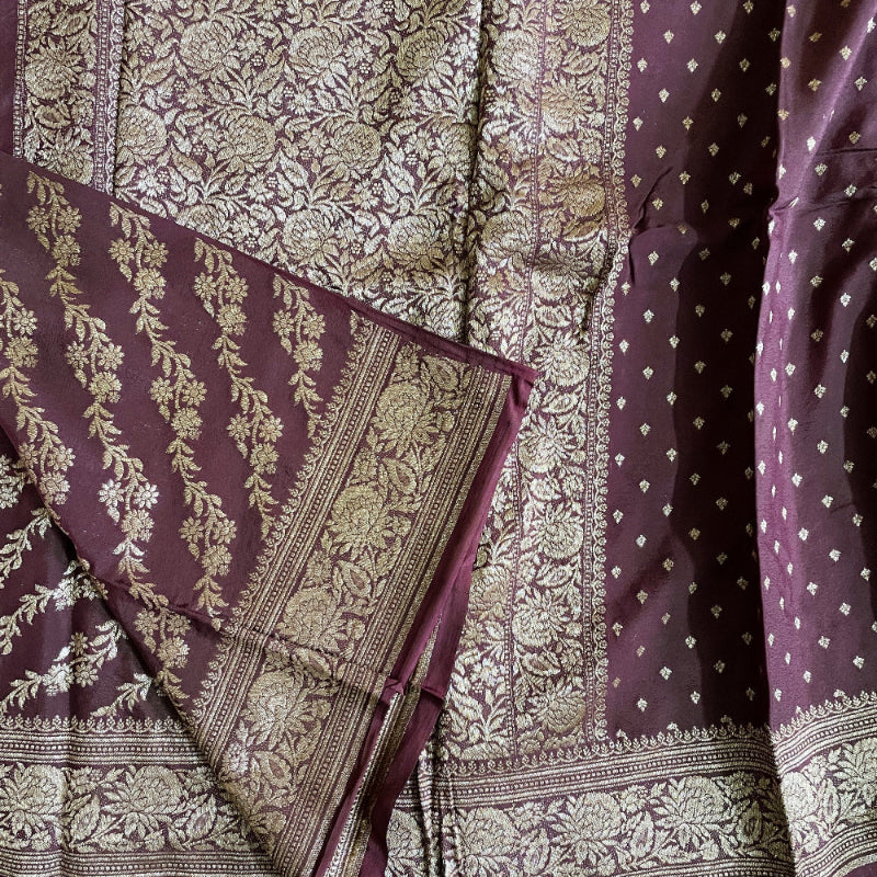 Brown banarasi khaddi georgette saree, Banarasi silk saree, Pink banarasi crepe silk saree