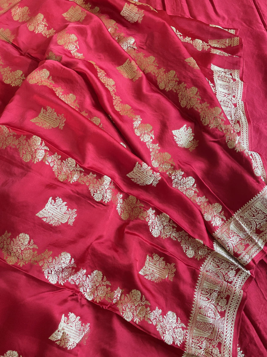Red Satin banarasi silk saree, Red banarasi silk saree