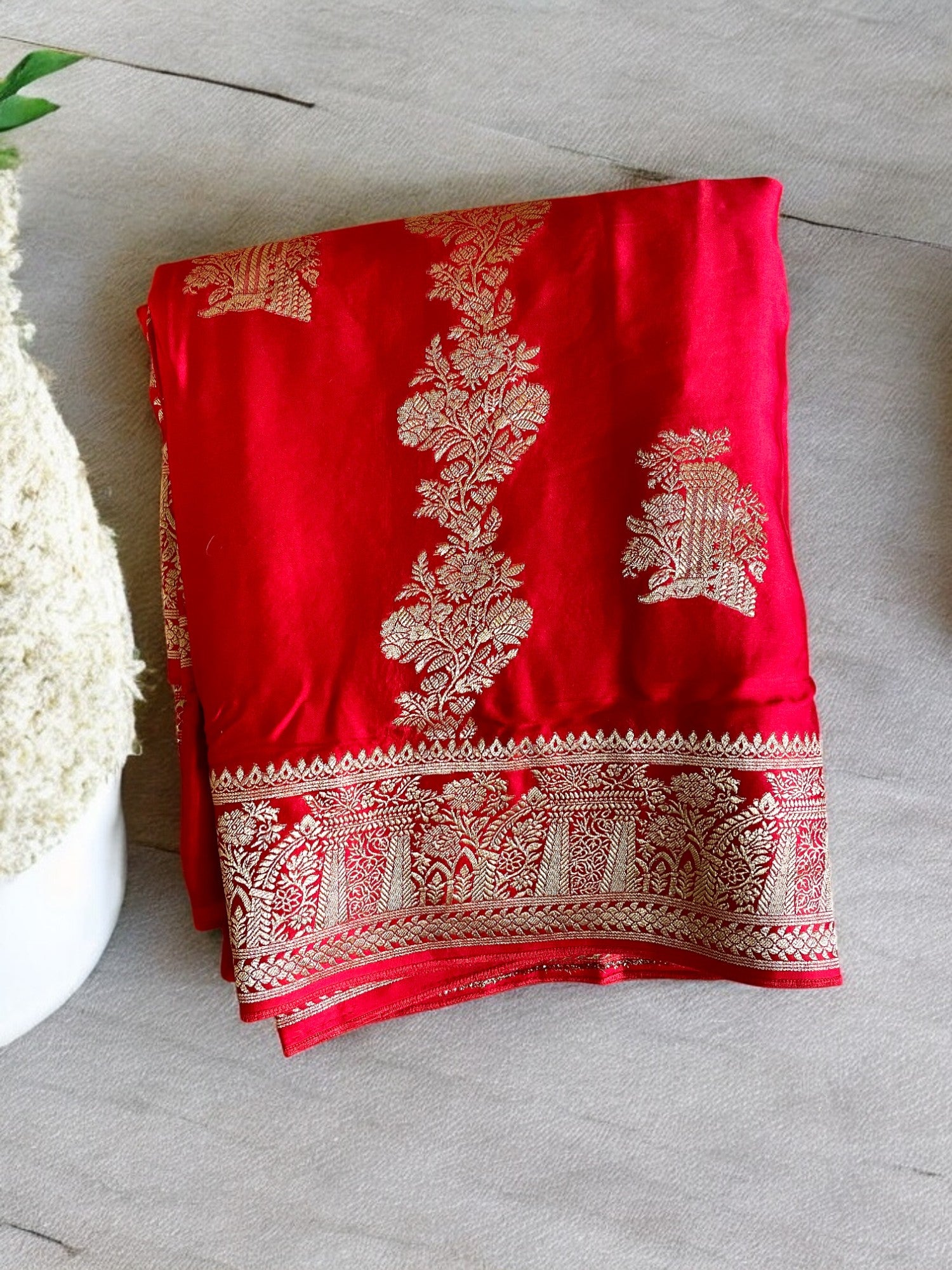 Red Satin banarasi silk saree, Red banarasi silk saree