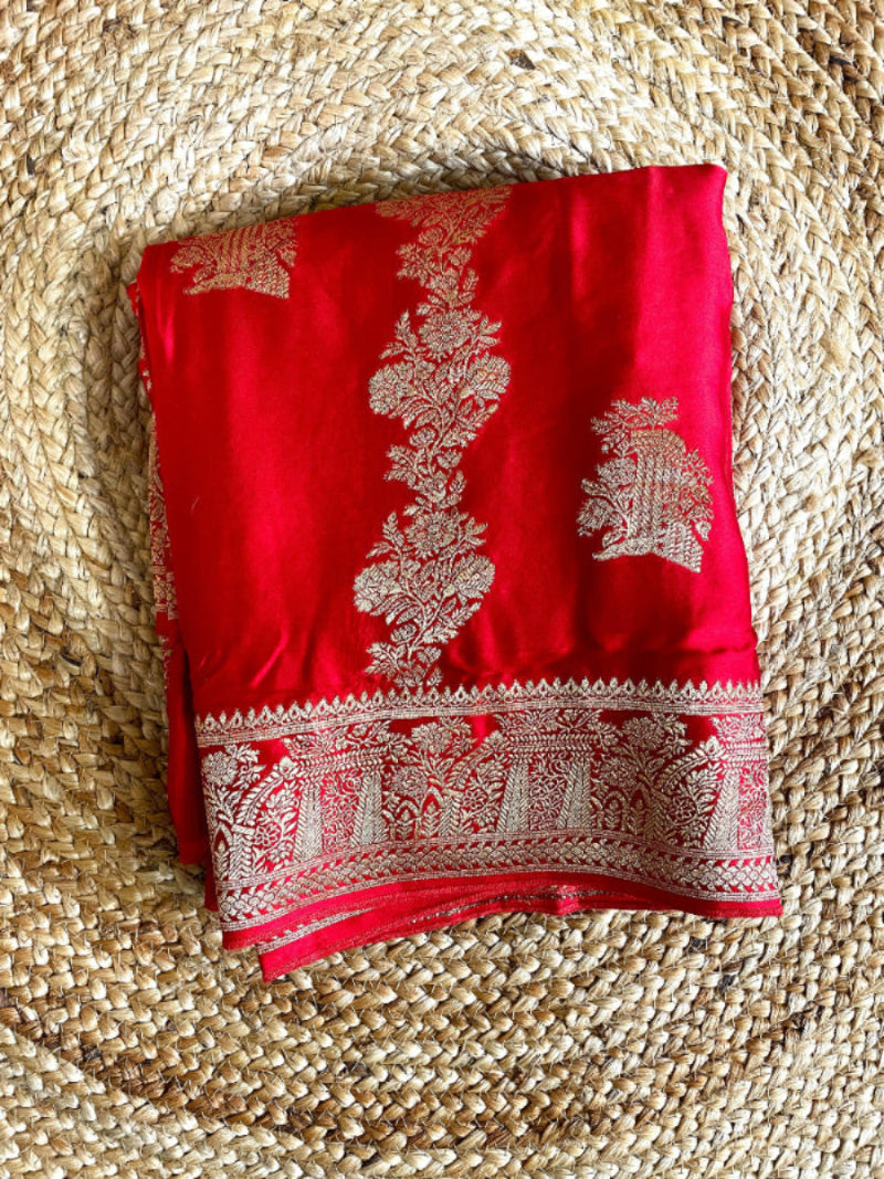 Red Satin banarasi silk saree, Red banarasi silk saree